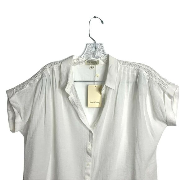 See U Soon Off White Gauze Embroidered Shoulder Loose Button Up Blouse Small New - Picture 2 of 6